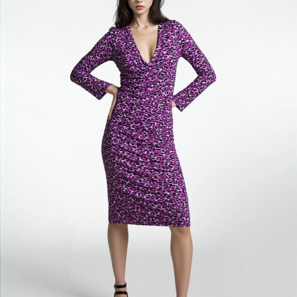 Avon Y2K Body Con Dress Purple Animal Print Sheath Dress Sz M